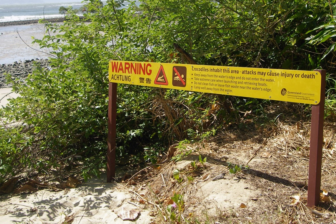 Crocodile warning sign on the beach in Port Douglas