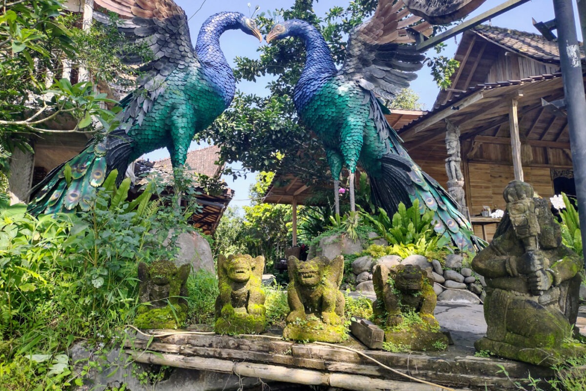 Peacock statues outside a hotel in the countryside around Ubud Bali.