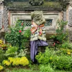 Ubud bali. Architecture, gardens and statues on the main street.