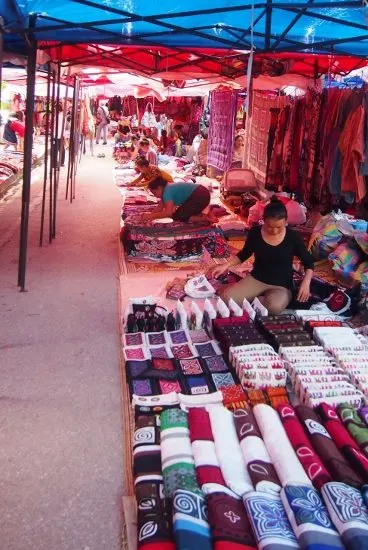 Night Market Luang Prabang Laos. Fabrics, clothes, embroidery and souvenirs.