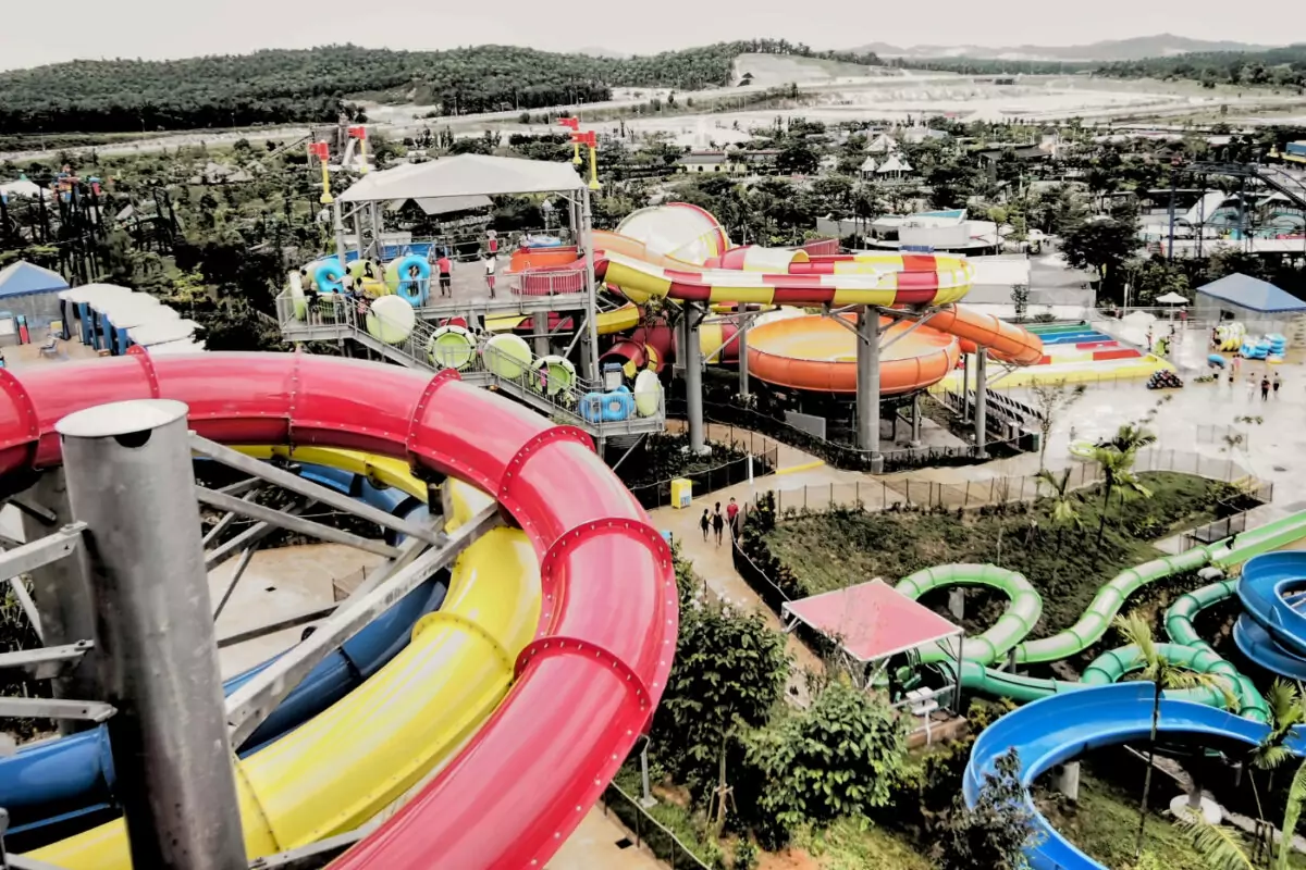 View from the top of a water slide at Legoland Malaysia Waterpark showing other water rides and slides.