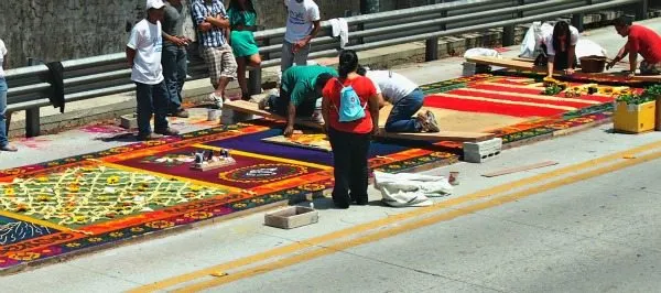 Making sawdust carpets in Antigua Guatemala