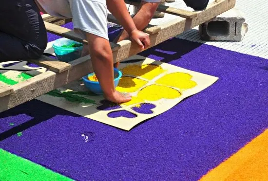 creating Sawdust Carpets in Antigua Guatemala.Holy Week