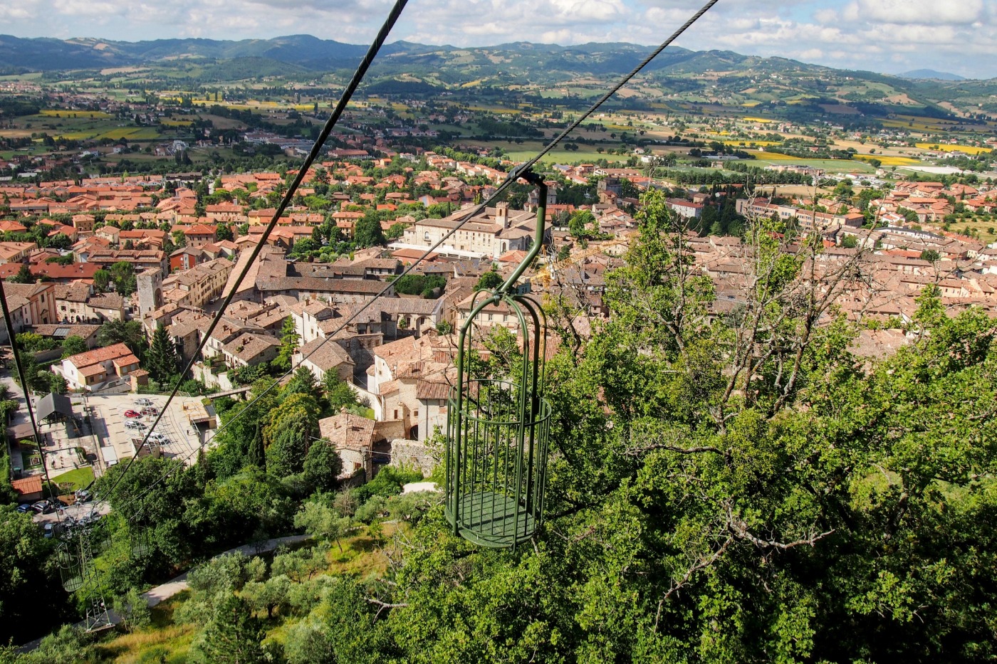 The town of Gubbio Italy and the bird cage cable car, from the mountain top