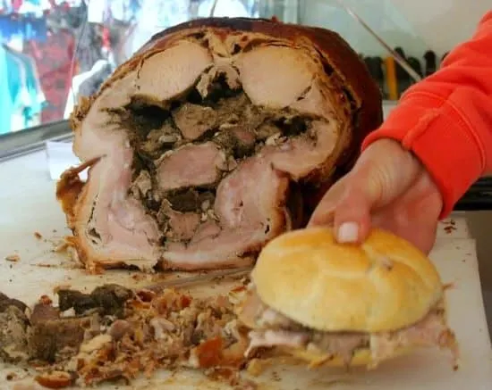 Traditional Porchetta in Umbria. Italian food.