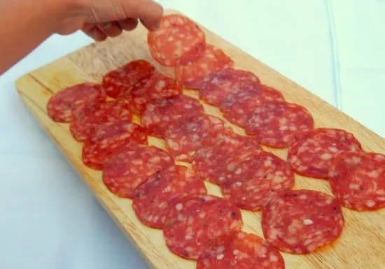 Wild boar salami . Food in Umbria, Italy. Family travel