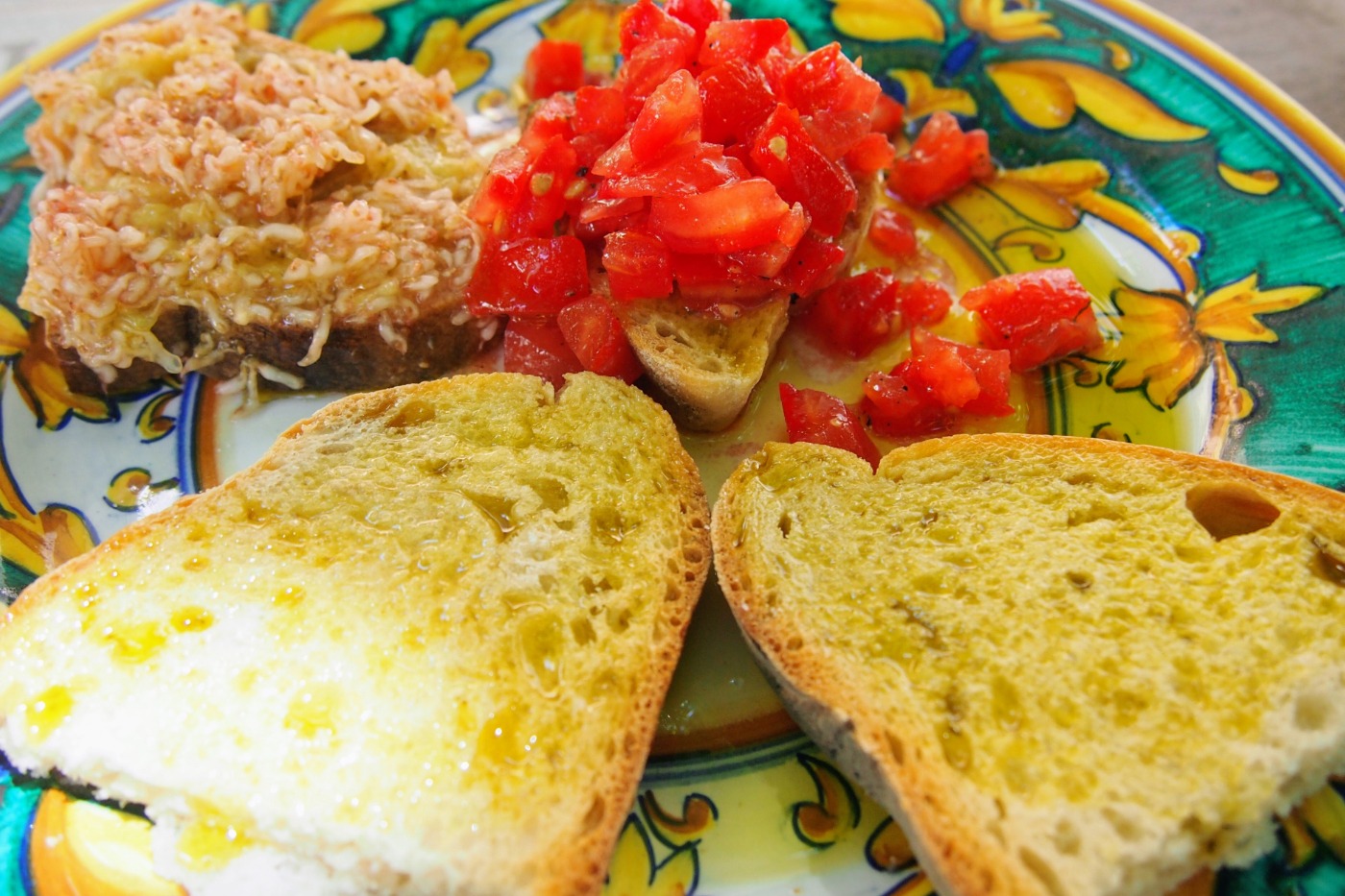 Food in Umbria Italy, bruschetta with olive oil and fresh tomatoes