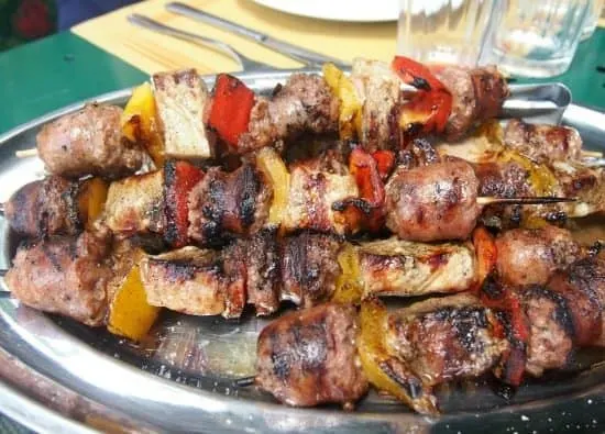 Food in Umbria. Pork, locally produced kebabs and sausages. World Travel Family travel blog