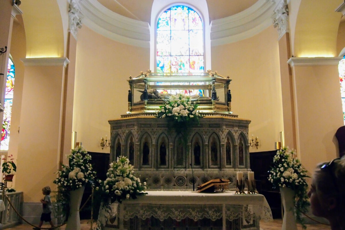 mummified saint ubaldo on marble alter inside the church 