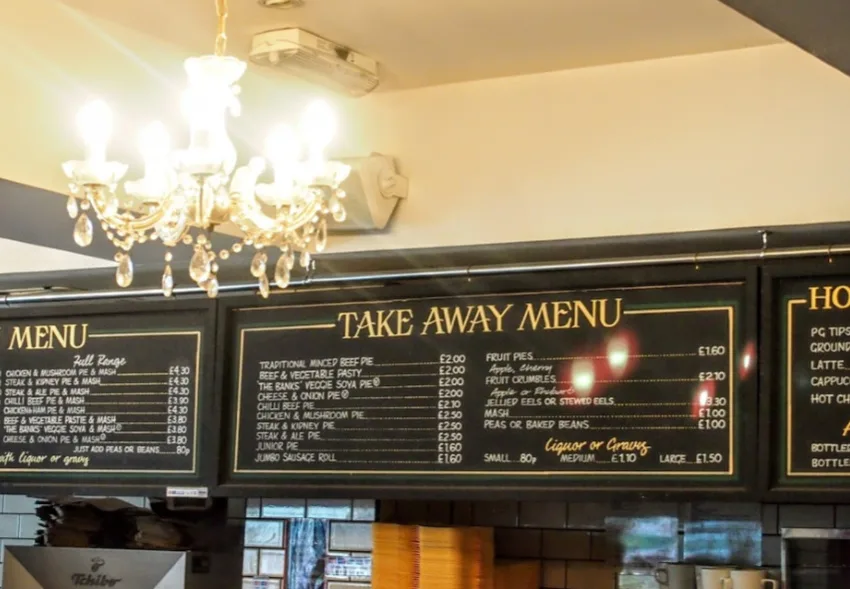 Menu Pie and mash sop with jellied and hot eels London