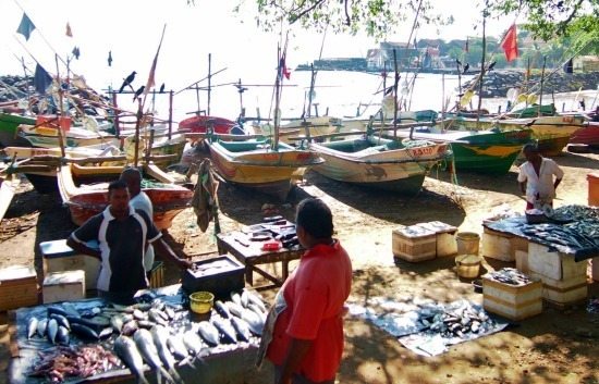 Fishermen and fishingboats lined up on the shore outside Galle Fortress Srilanka.