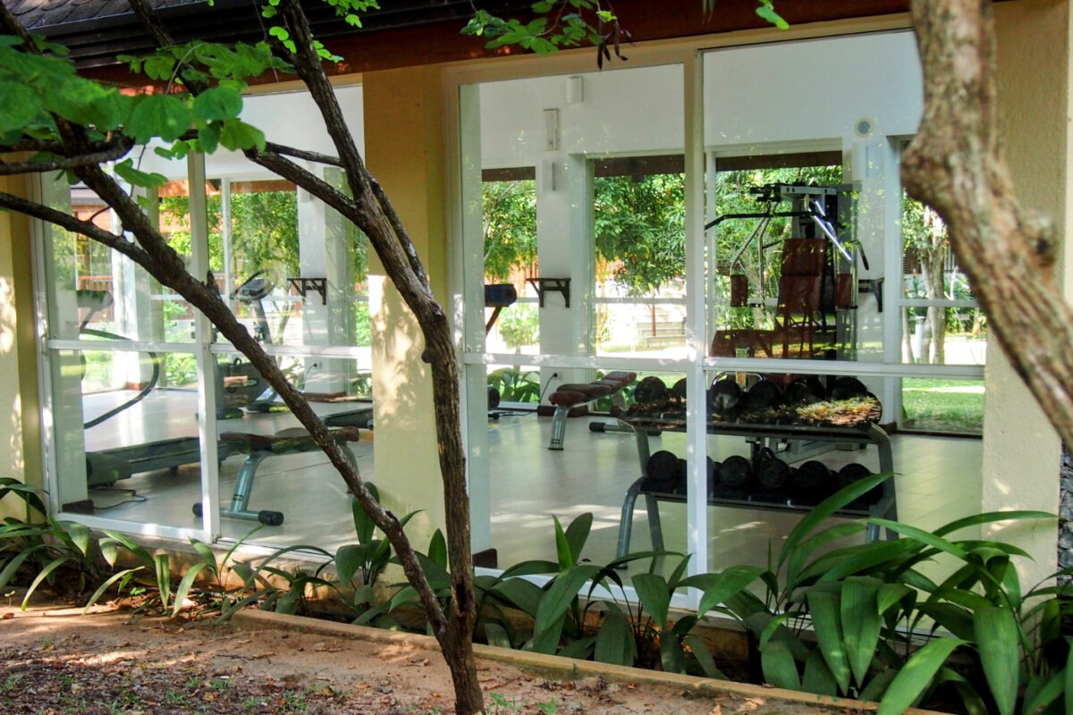 Gym at the Occidental Paradise Resort. Glass walls give views of the gardens.