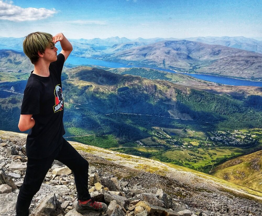 Top of Ben Nevis Scotland UK My son