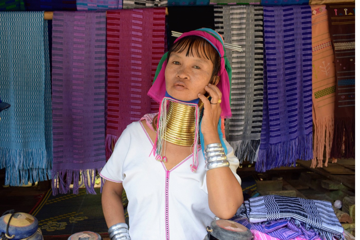 Long Neck Woman Brass Rings around her neck in a Hill Tribe village in north Thailand