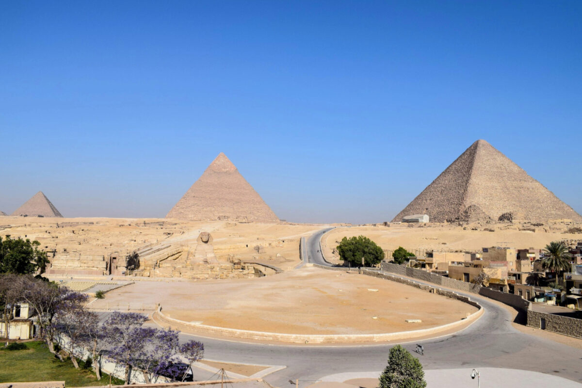 View of the three main pyramids at Giza and the sphinx