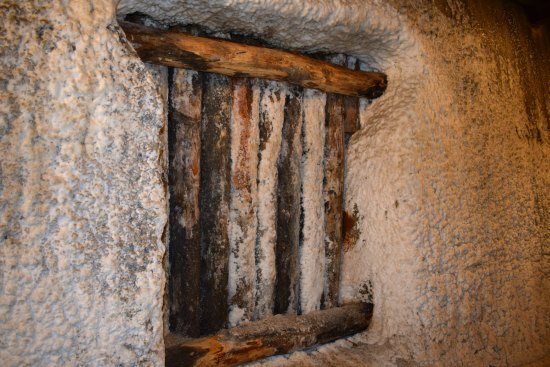 Salt encrusted walls inside the mine.