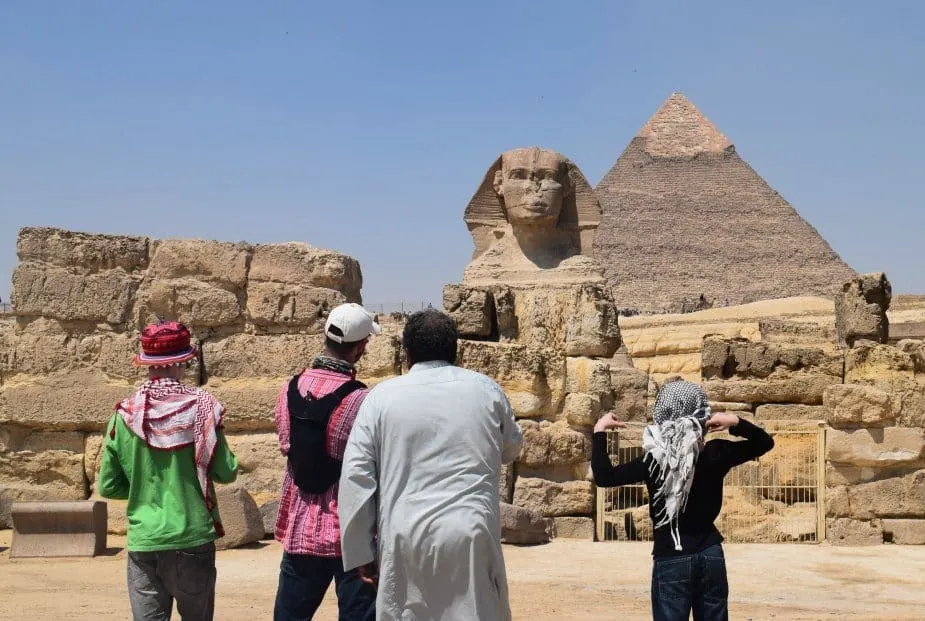 the sphinx, the face of khefren egypt with guide abdulla