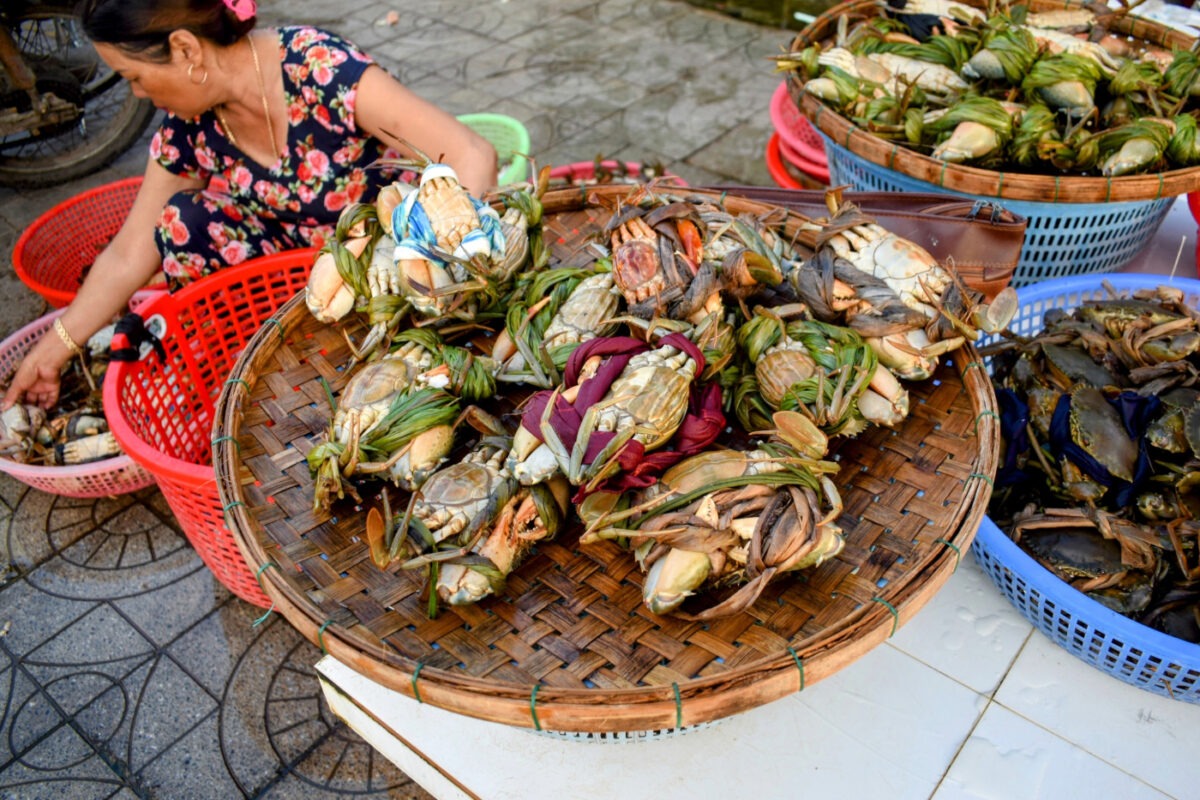 woman at hoi an market selling crabs