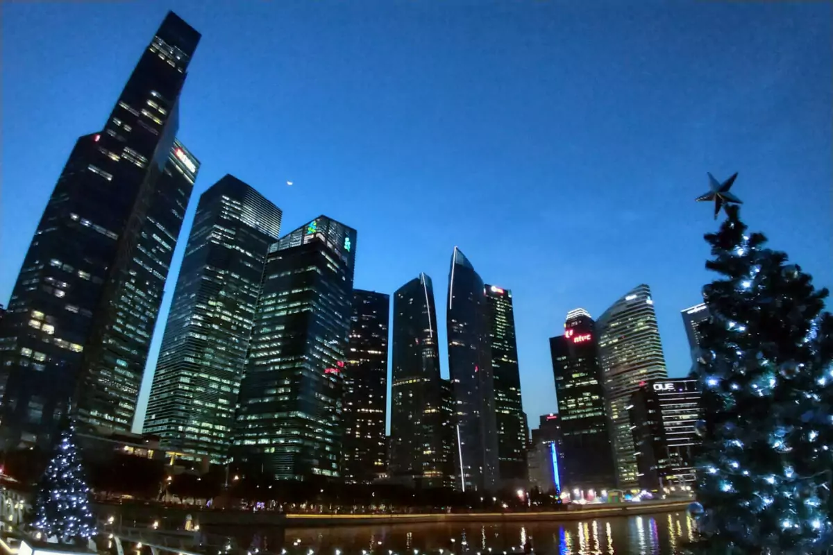 Singapore skyline at Christmas with Christmas tree