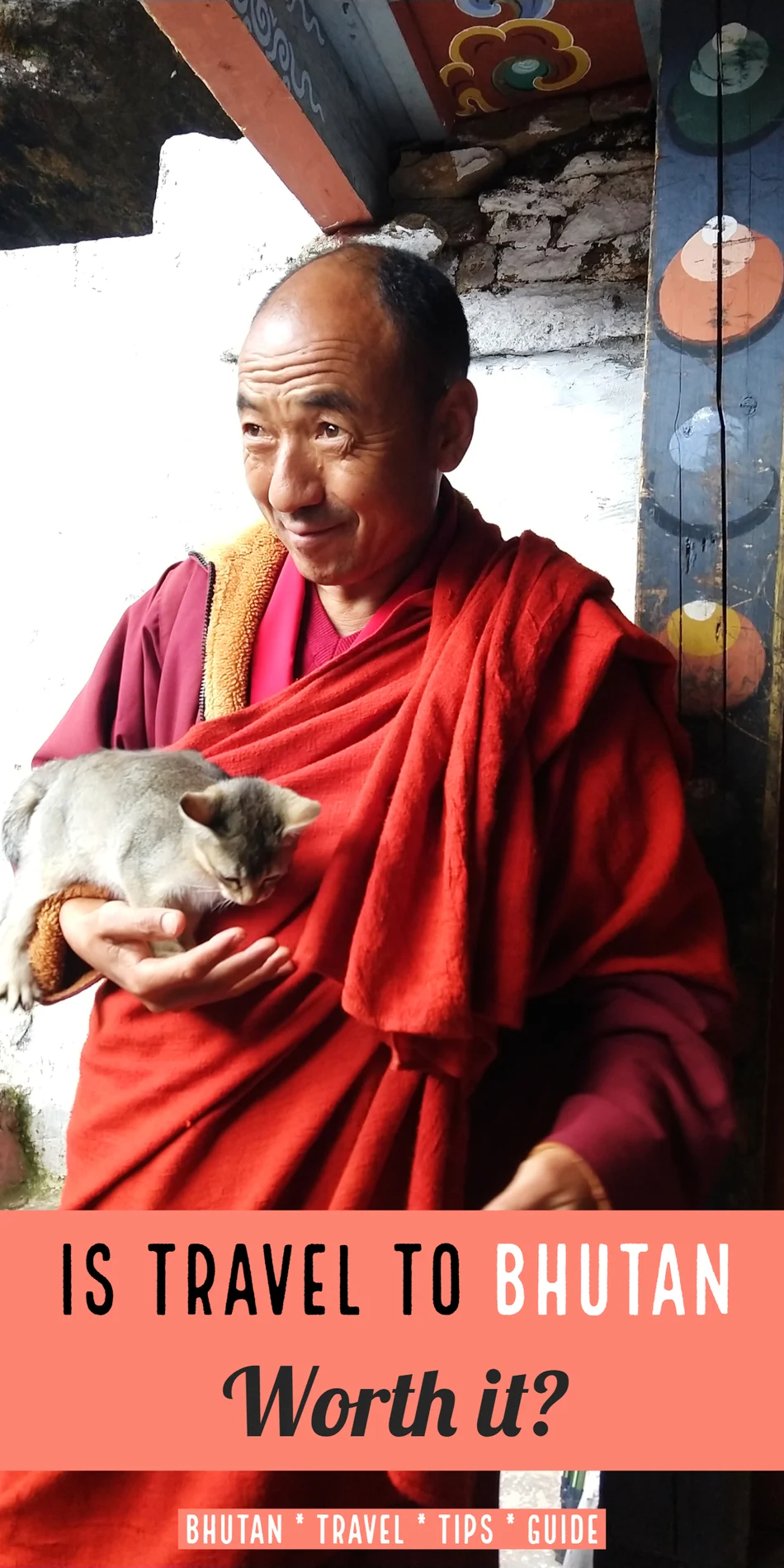 Travel to Bhutan Monk with kitten at Kila Goenpa Nunnery Chele la Gompa