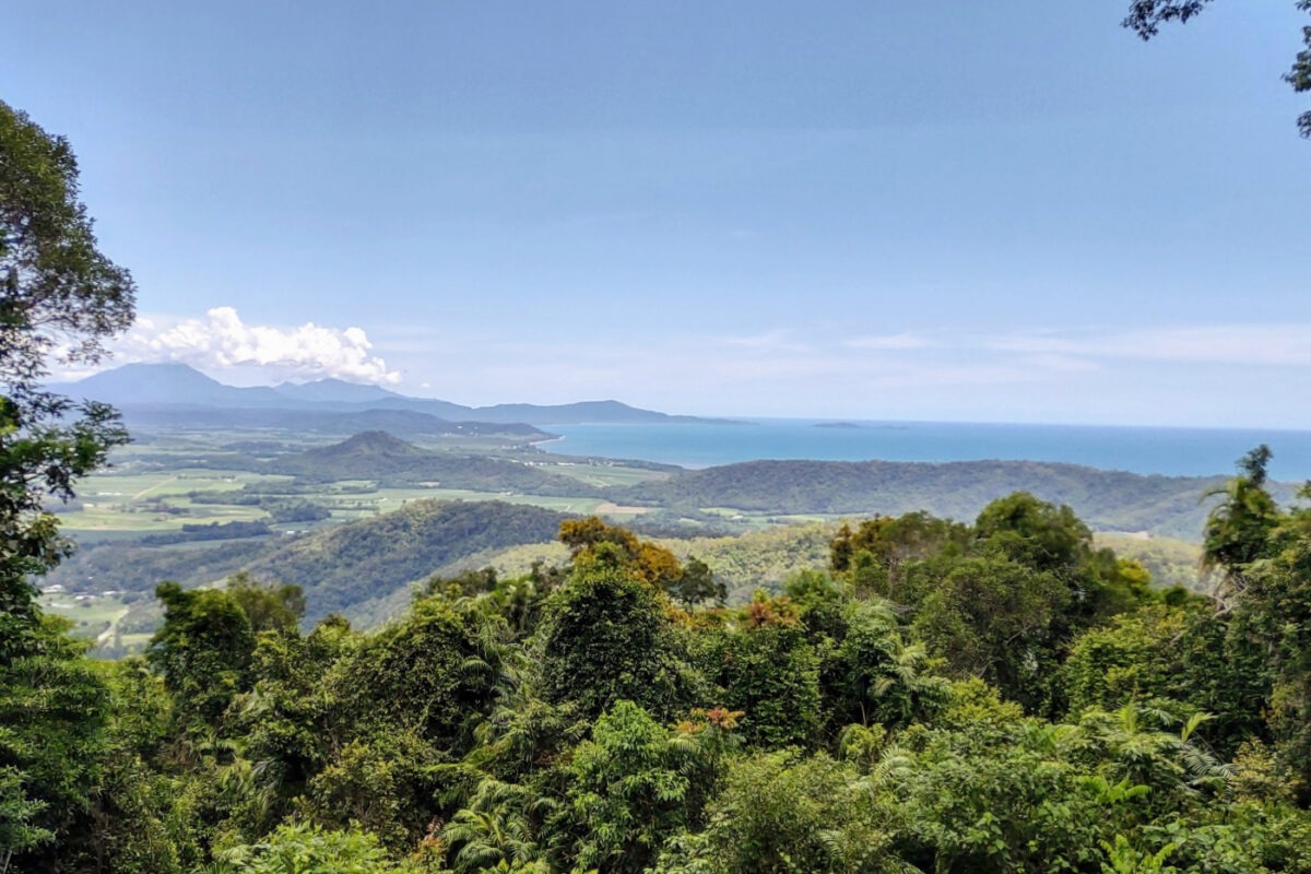 Tropical view of rainforest, beach, and blue sea