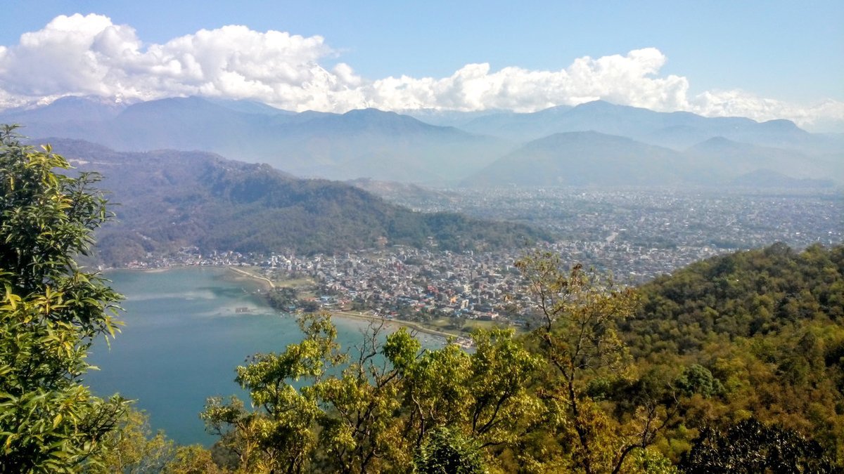 view of pokhara phewa lake and city  from peace pagoda