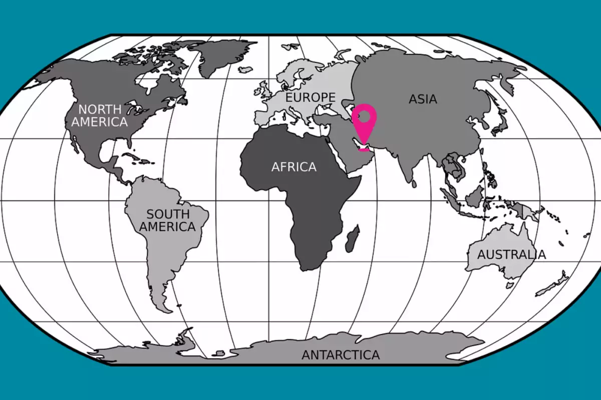 World map showing Dubai in the continent of Asia