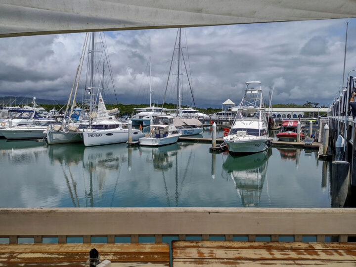 Water-side dining and water views from some tables at Choo Choo's restaurant Port Douglas Marina