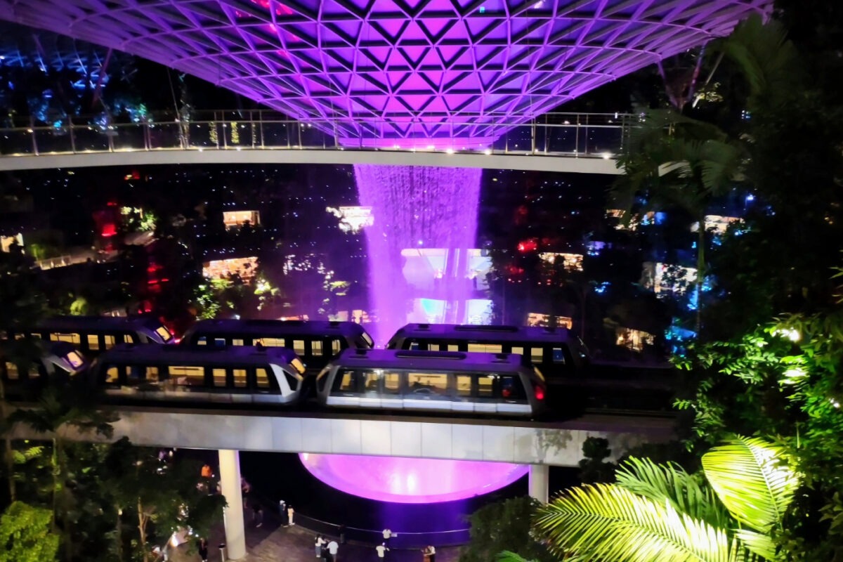 Light show at The Jewel, Changi, at night.