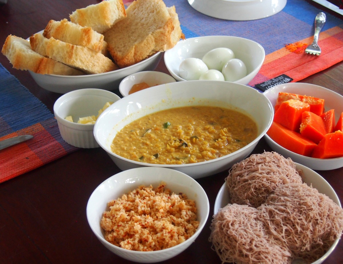 Sri Lankan breakfast, as served in Sri Lanka for tourists, westernised.