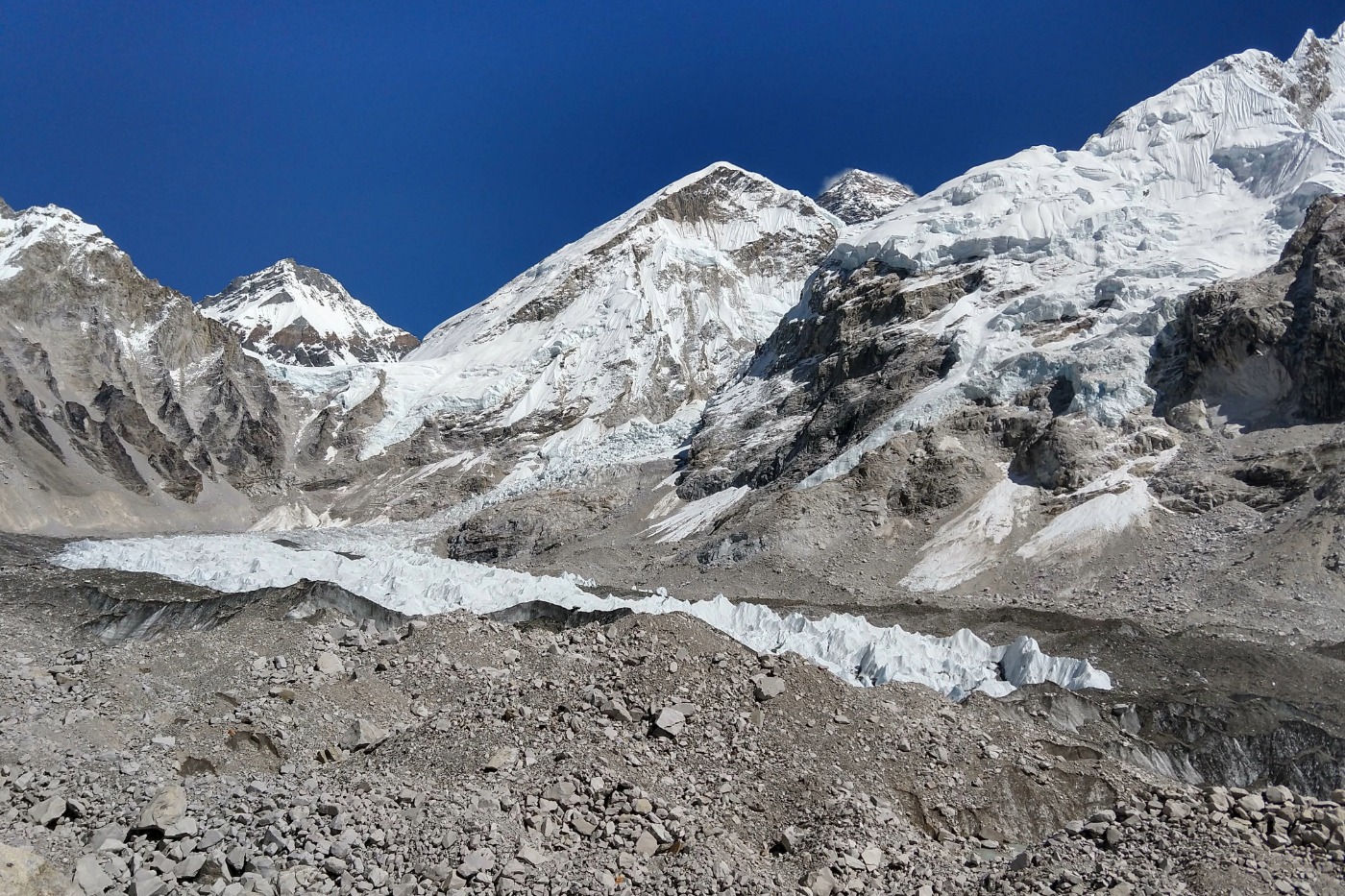 Everest Base Camp, The Khumbhu Glacier and the Summit of Mount Everest in View