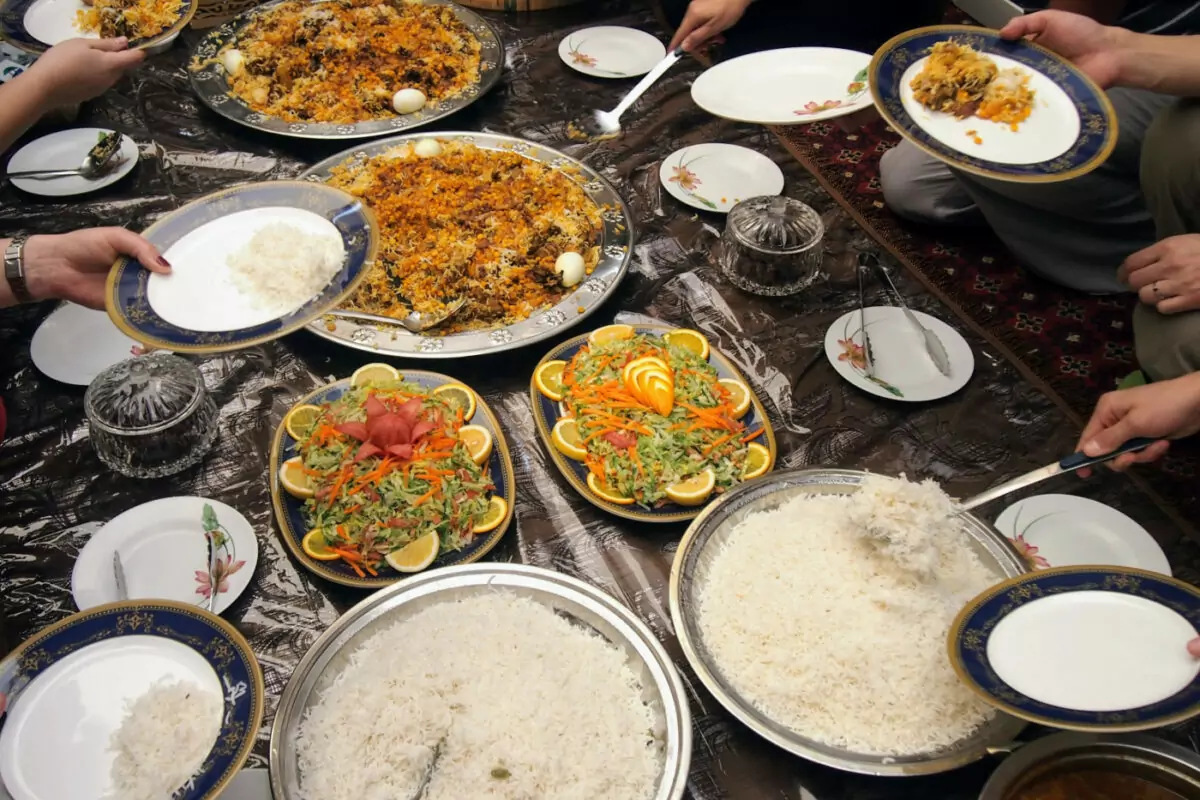 Meal in Dubai, biryani, salads, rice.