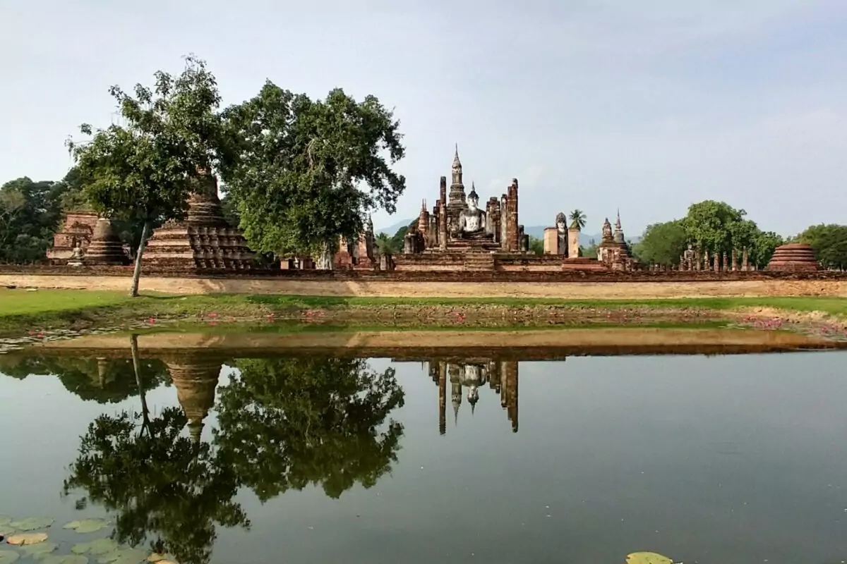 View of Sukhothai, ruins and lake