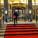 Fullerton hotel entrance steps, my son and his backpack.