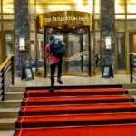 Fullerton hotel entrance steps, my son and his backpack.