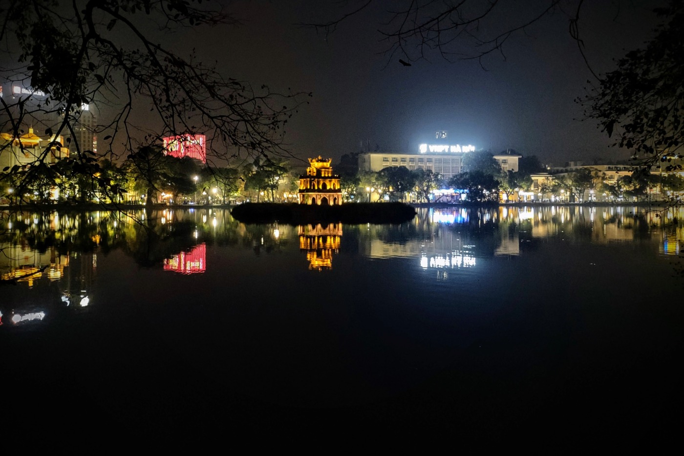 Hanoi Vietnam. The most famous lake by night, with turtle house island