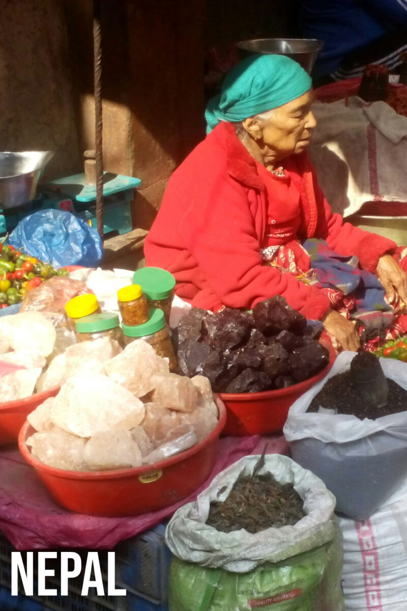 a market stall in Nepal, Kathmandu, selling Himalayan salt and spices