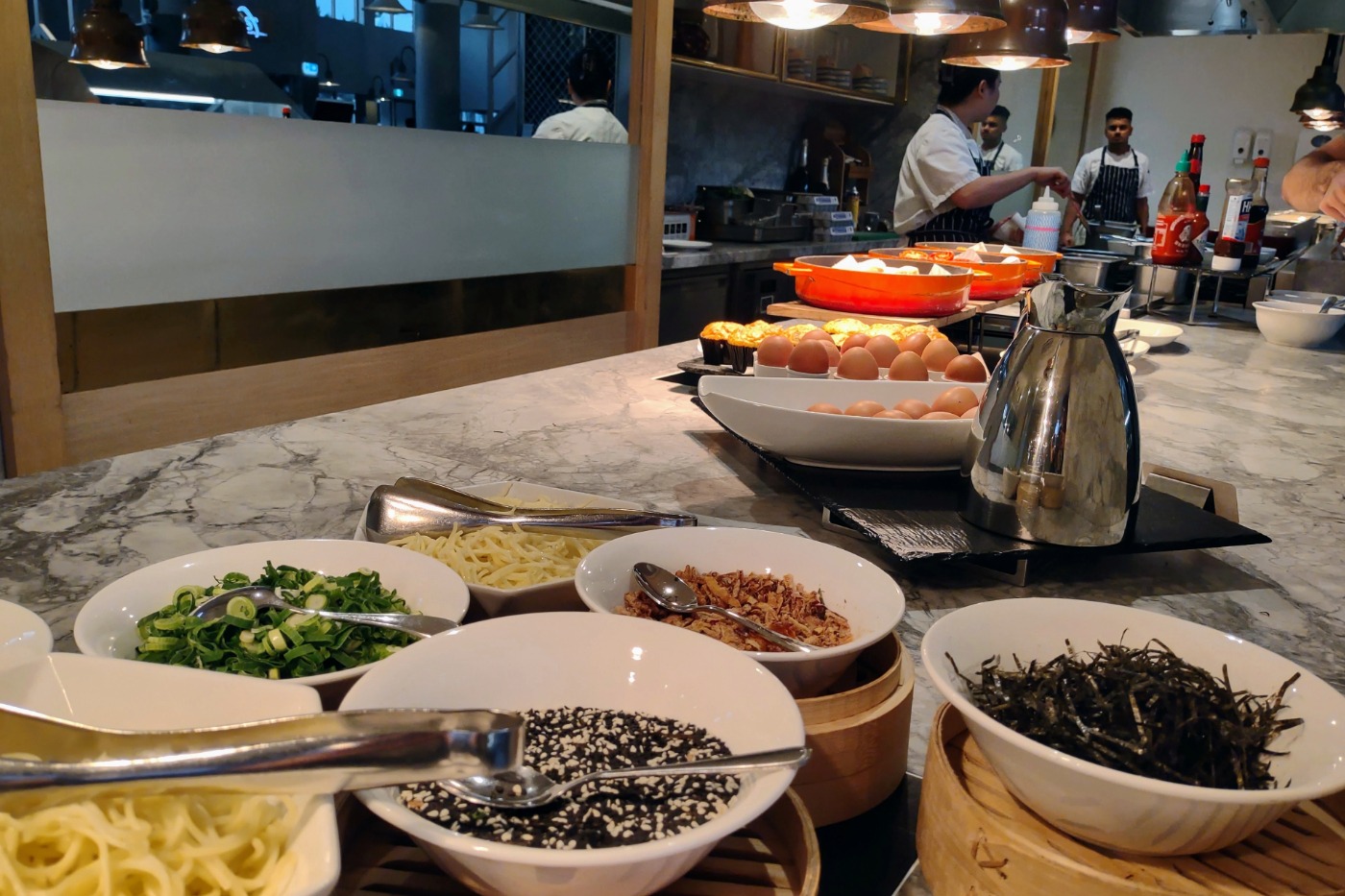 Sheraton Port Douglas breakfast noodles, sesame seeds, fried onions, scallions or spring onions on the buffet