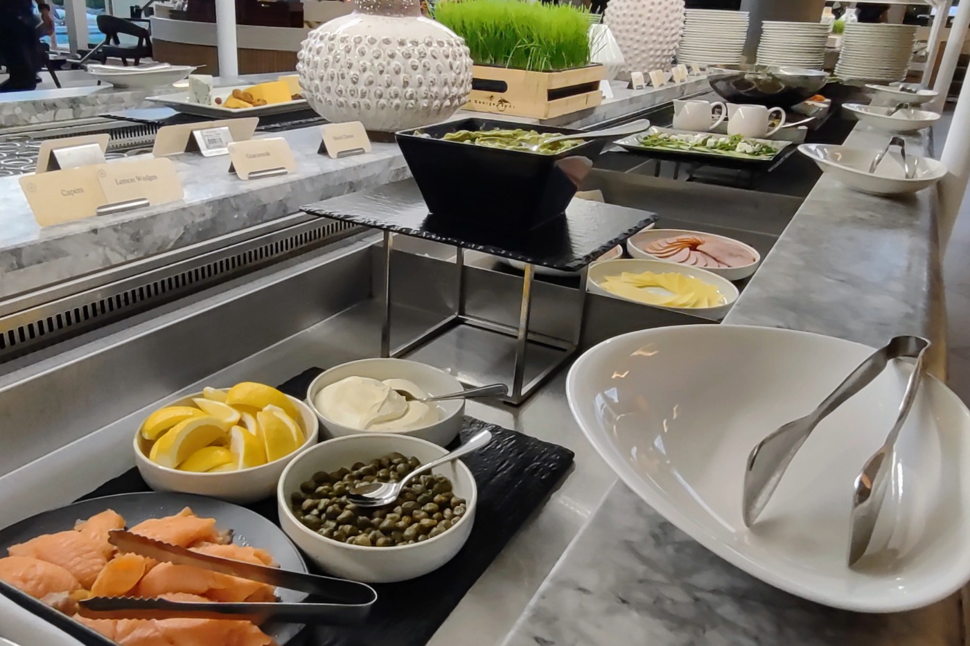 smoked salmon, capers, lemon, sour cream on the buffet at Sheraton Port Douglas breakfast